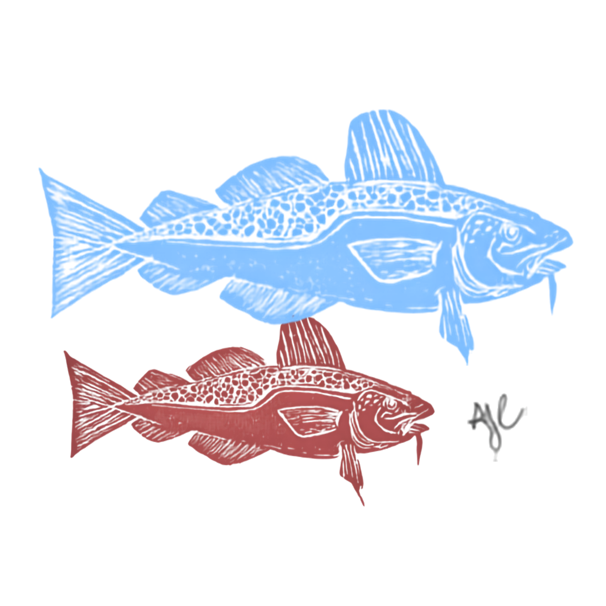 two block printed cod fish in blue and red